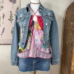 True Religion Distressed Denim Jean Jacket Y2k Grunge Coastal Cowgirl Boho XS